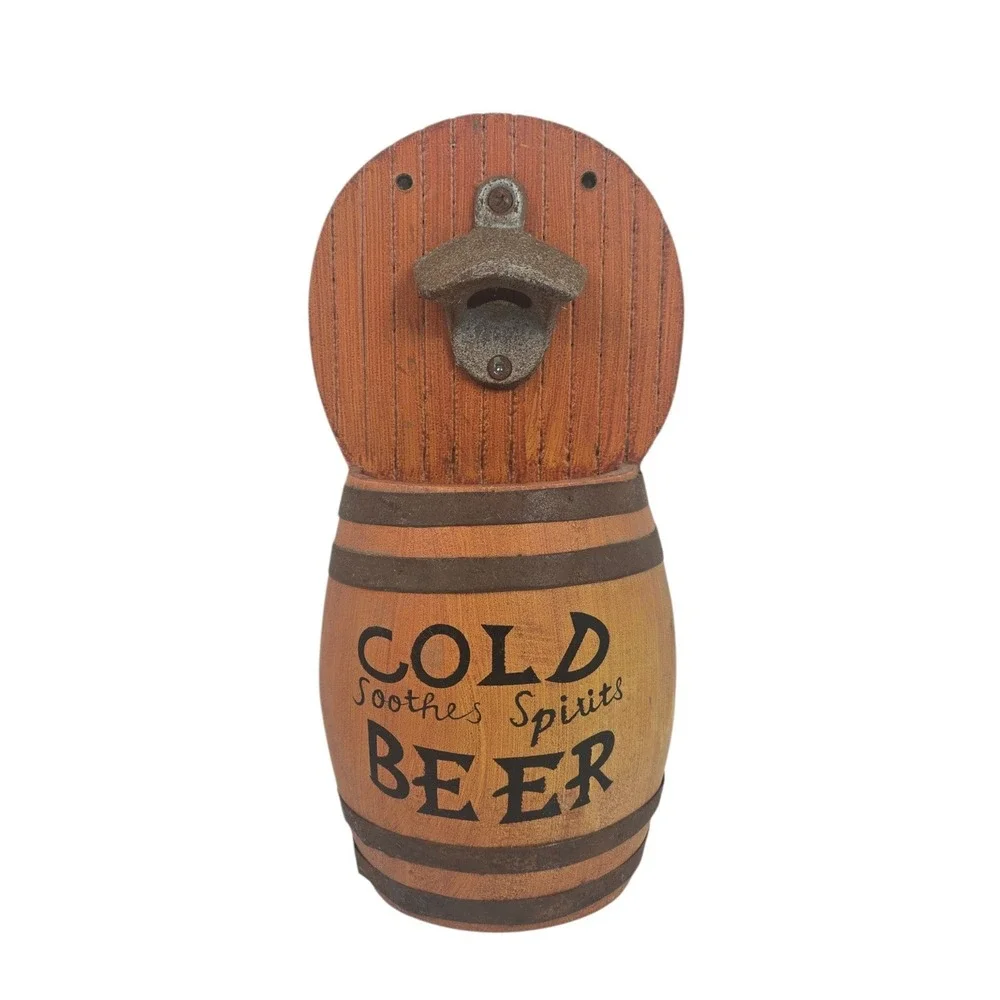 Vtg Wood Barrel Bottle Opener Wall Mount Cap Catcher Beer Spirits Bar Decor 11